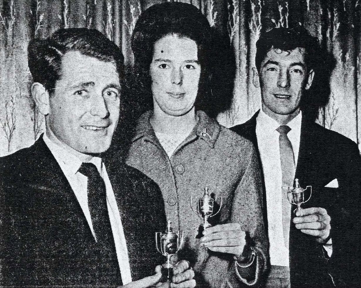 Ron Barlow (athletics, 1966); Miss Shelagh, Warrington (swimming, 1962) and Kevin Mather (athletics, 1963) with replica Sports Personality of the Year Trophies.